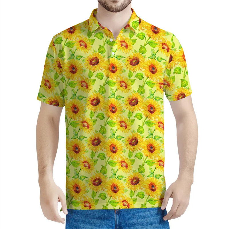 男性用のヒマワリのイメージポロシャツ,3Dプリントの花,半袖,夏のストリートウェア,ラペルTシャツ,ボタンTシャツ,ファッション