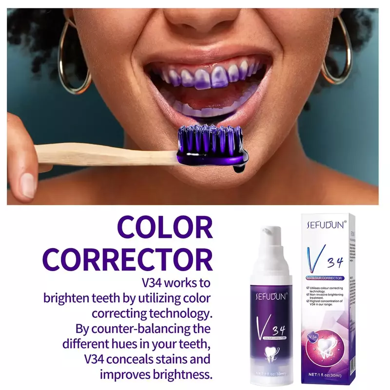V34 viola illumina lo sbiancamento dei denti gialli dentifricio in schiuma pulizia efficace rimozione della macchia dei denti prodotto per la pulizia orale 50ML