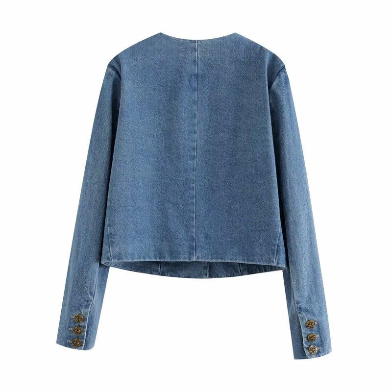 Jaqueta jeans curta e fina com gola em O, manga longa vintage, casaco de botão, blusa chique, decoração de bolso flip, nova moda