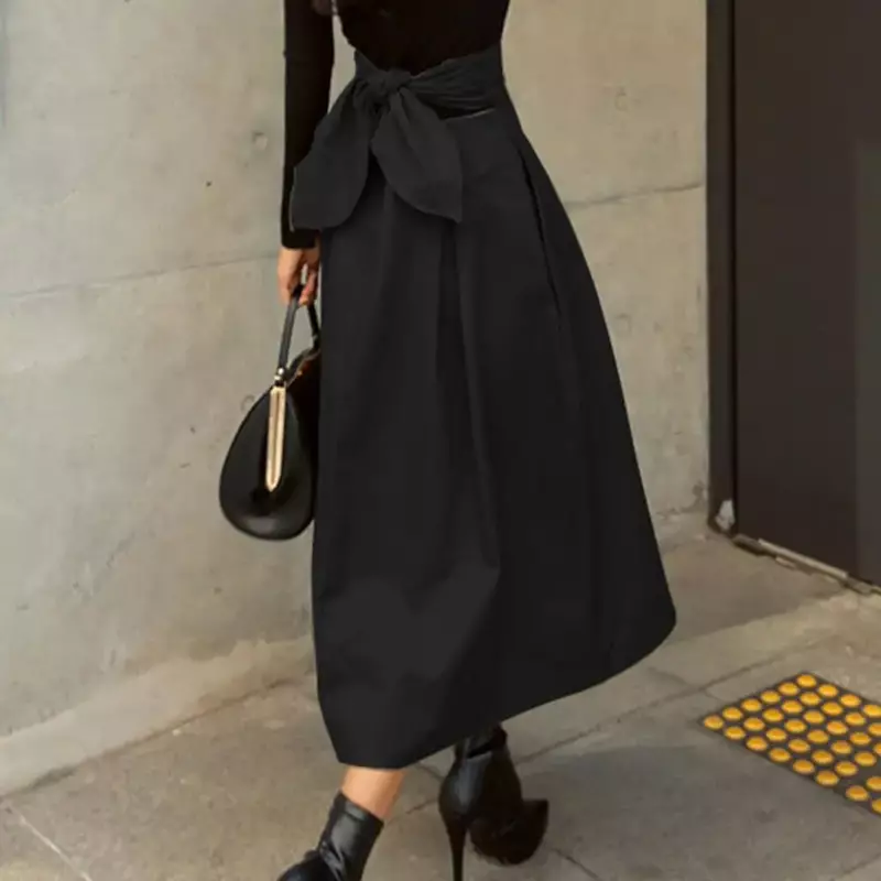 Faldas Midi lisas elegantes para mujer, moda de primavera y verano, medio vestido suelto que combina con todo, falda de cintura alta con lazo informal para mujer de oficina