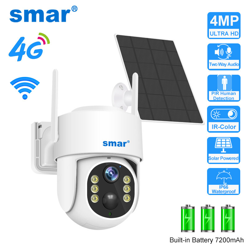 Smar-ソーラーパネルptz ipカメラ、4mp、wifi、4gビデオ監視、セキュリティ保護、内蔵バッテリー、長時間スタンバイ、icseeアプリ