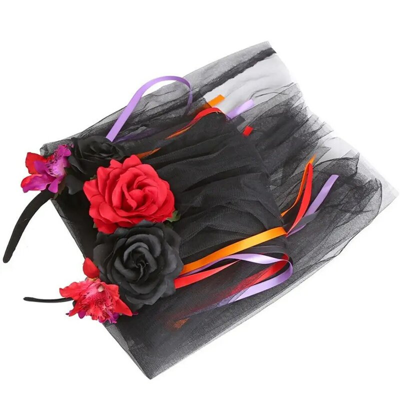 Halloween Headband Women Gothic Day Of The Dead Flowers Headdress with Spiderweb Veil Festival Party Cosplay Floral Hair Band