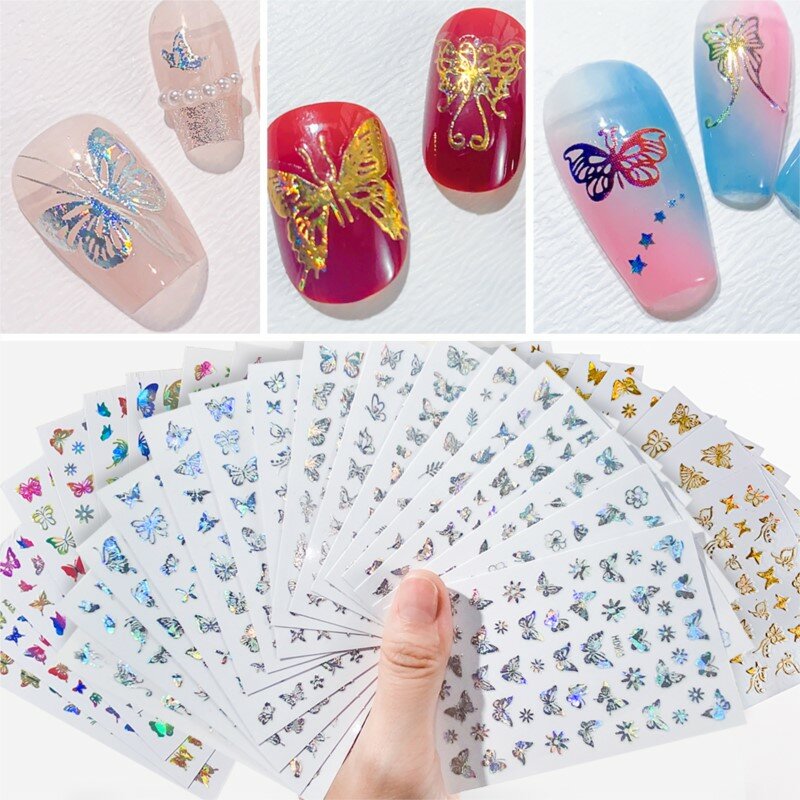 16pcs/set Laser Butterfly Nail Art Stickers 3D Laser Holographic Shiny Fairy Butterfly Back Adhesive Manicure Decals Sets