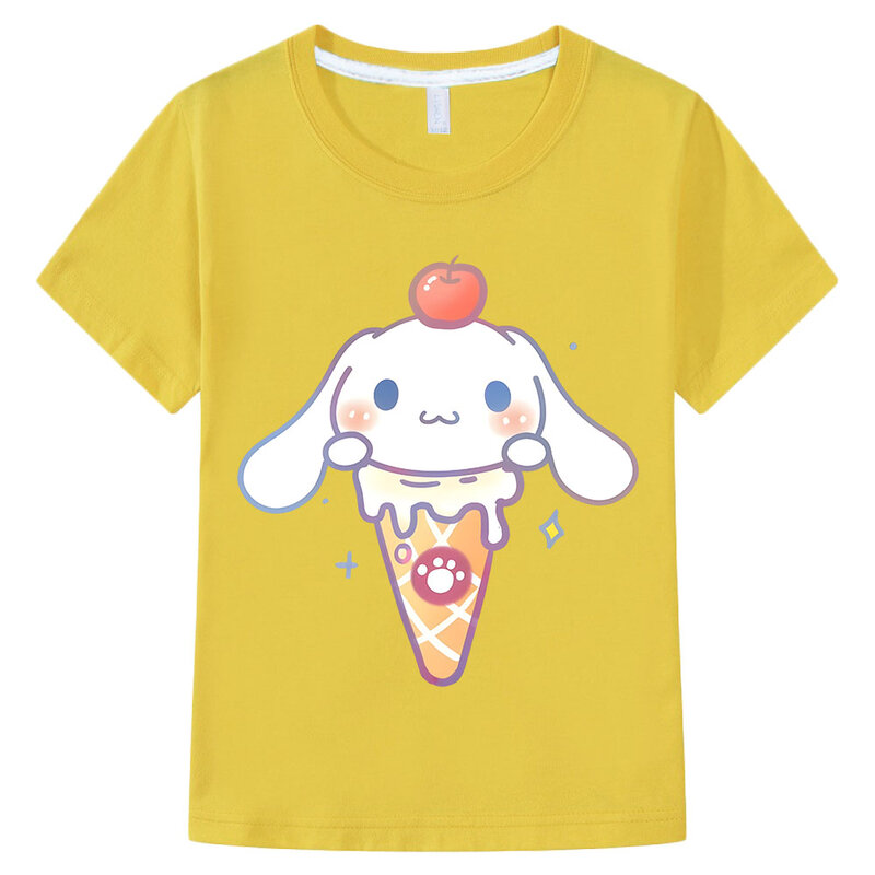 Cynamoroll T-shirt z nadrukiem 100% bawełniane letnie urocze koszulki dla chłopców dziewczęce sportowe koszulki z krótkim rękawem dziecięce prezent świąteczny topy Kawaii