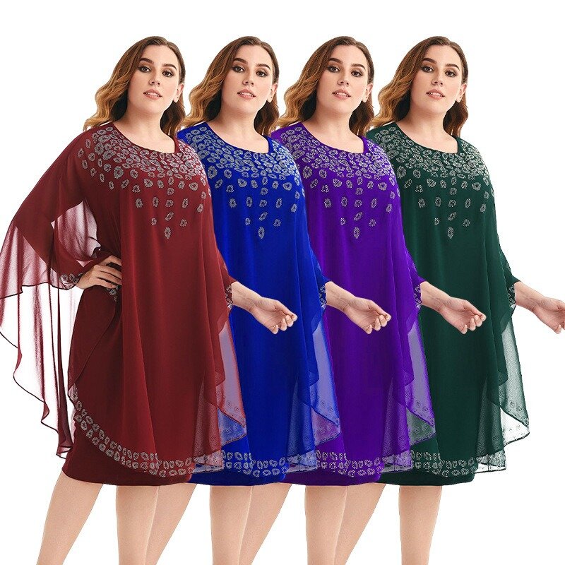 Elegante Mode Umhang Langarm o Hals Mesh Diamant Party islamische Robe Frauen Musselin Kleid