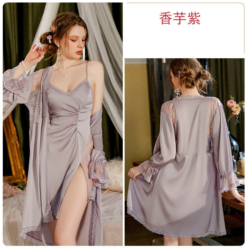 Lace Hollow Out Twinset Kimono Robe Gown Suit Women 2PCS Bathrobe Strap Nightgown Set Summer Satin Sleepwear Loungewear