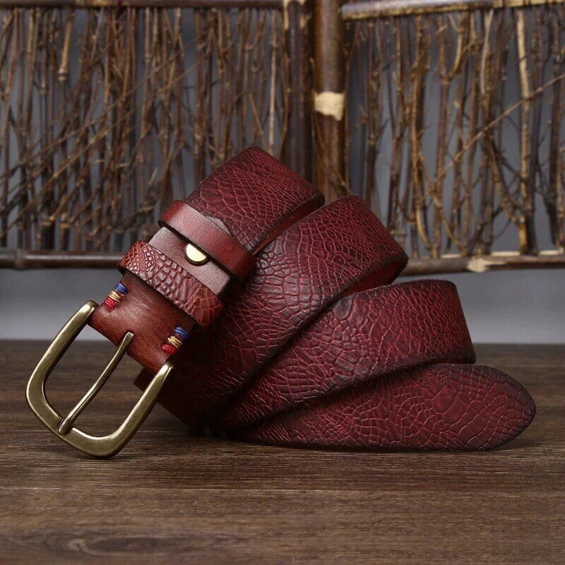 2024 New Thickened Pure Cowhide Copper Buckle Men's Belt Genuine Leather Needle Buckle Trendy Vintage Jeans Belt
