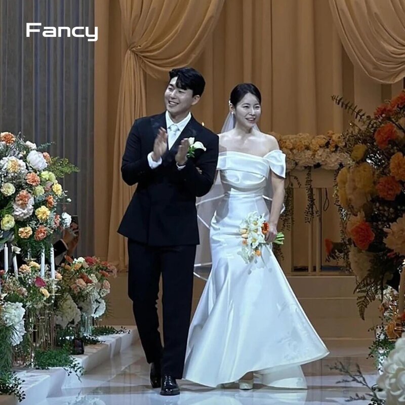 Fancy Elegant One Shoulder Wedding Dress Korea Photo Shoot Sheath Soft Satin Bridal Dresses