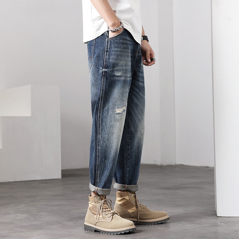 Jeans retrô rasgado masculino, perna larga, jeans baggy, moda de rua hip hop, Y2K, moda casual, novo, 2024