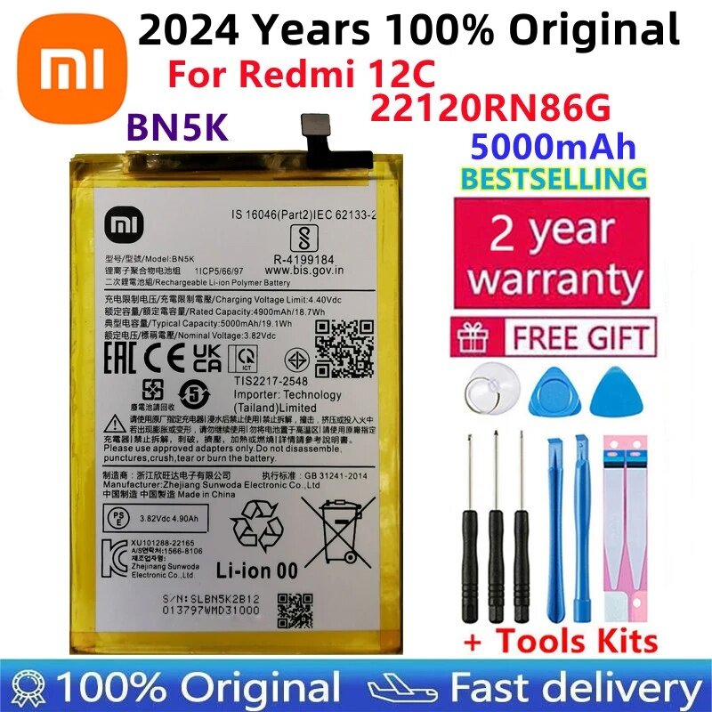 BN5K Bateria de Substituição para Xiaomi Redmi 12C, Baterias de Telefone Genuíno, 100% Original, Alta Qualidade, Novo, 5000mAh