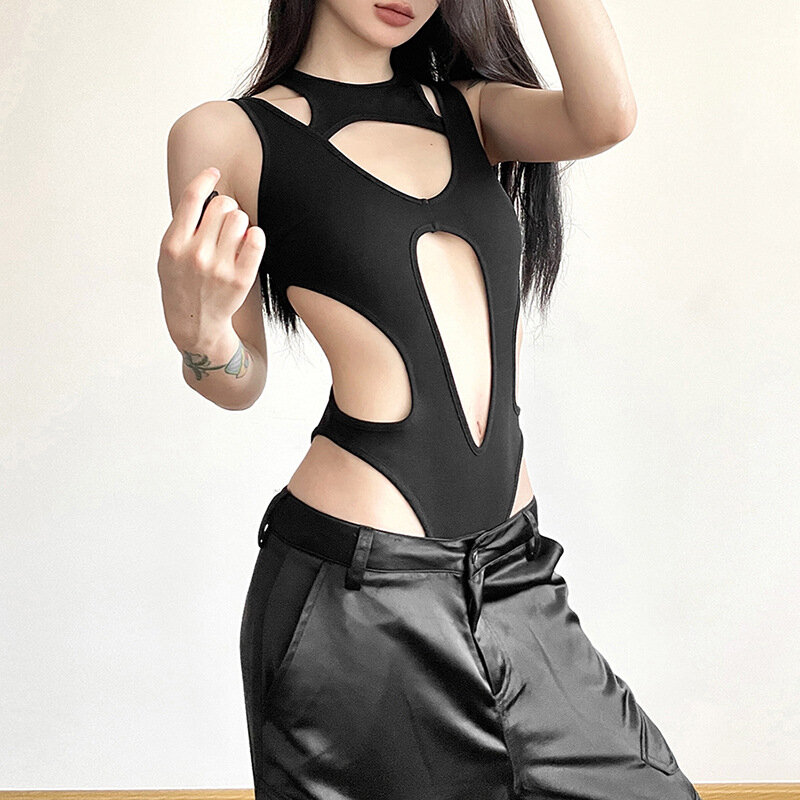 Feng Summer Women S New Solid Color Sexy Spicy Girl Fashion Hollow Out Splicing Slim Fit Jumpsuit