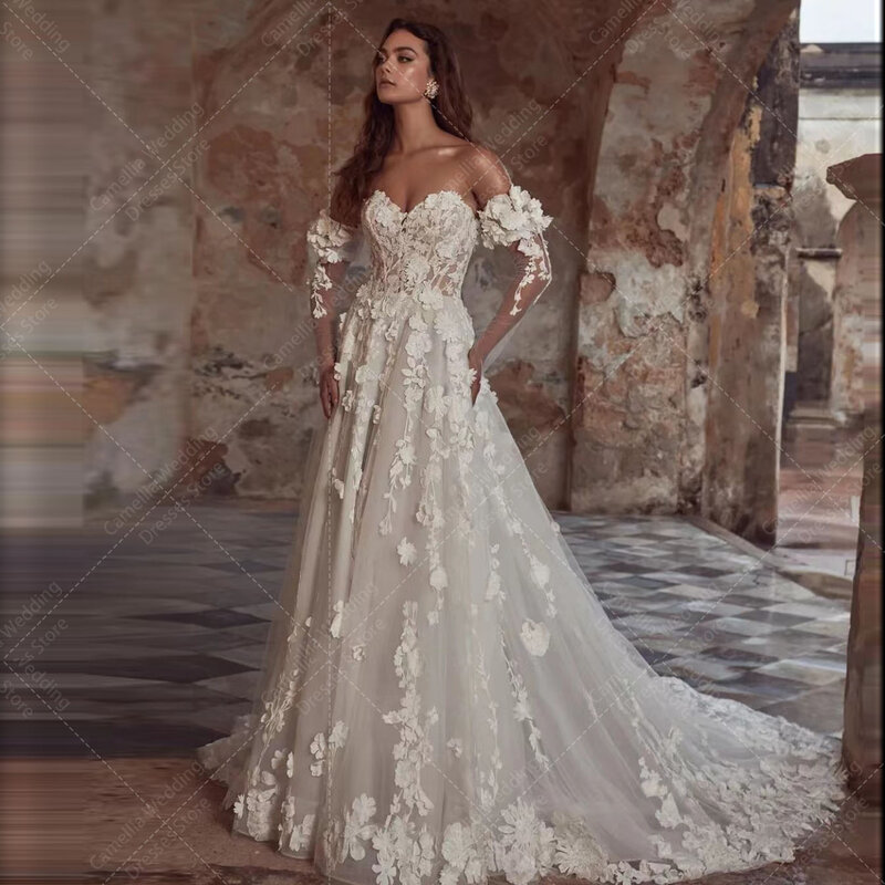 Gaun pernikahan elegan mewah gaun pengantin Applique renda bunga 3D Pastrol wanita A Line gaun pengantin putri Vestidos Formal Novia
