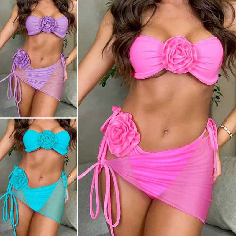 3 Pcs/Set baju renang untuk wanita musim panas Set Bikini 3D bunga mawar dekorasi Bra Bandeau Lace-up renang tipis Overskirt Set baju renang