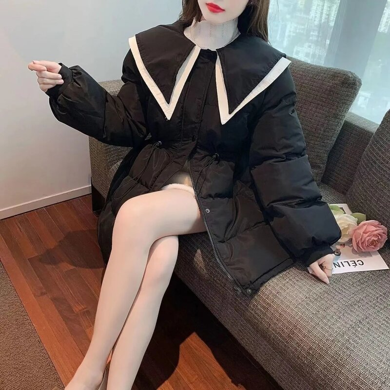 Mantel renda bawah ramping Korea wanita, jaket empuk katun elegan setengah panjang kerah boneka cocok warna musim gugur musim dingin baru 2023