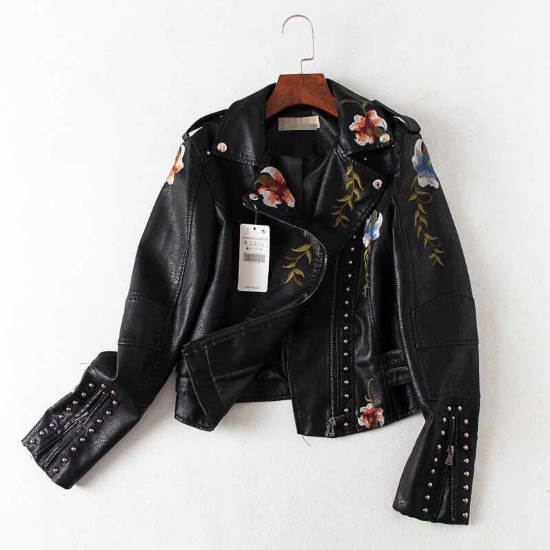 New Women Retro Floral Print Embroidery Faux Soft Leather Jacket Coat Turndown Collar Pu Motorcycle  Gothic Biker Punk Outerwear