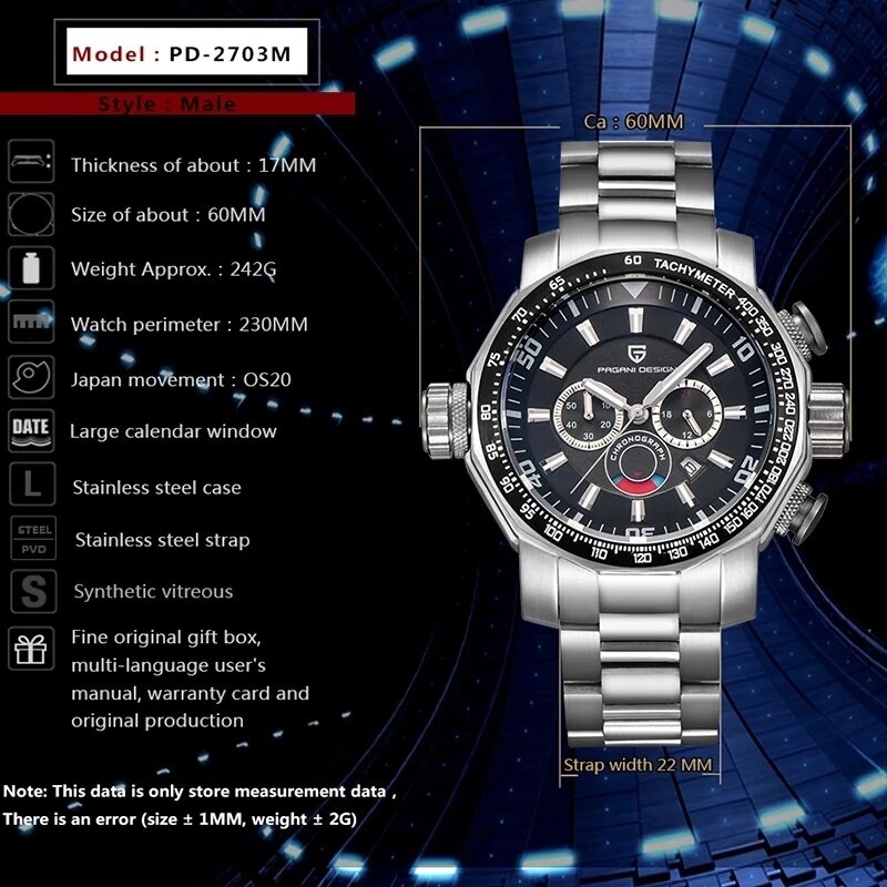 パガーニブランドクォーツステンレス鋼メンズ腕時計トップの高級時計メンズクロノグラフスポーツ時計ジュネーブ時計