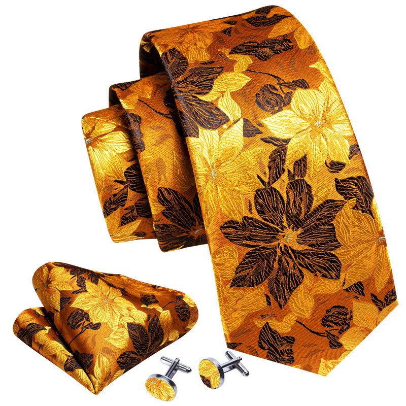Elegante Herren Krawatten Gold Blätter Blumen Seide Krawatte Tasche quadratische Manschetten knöpfe Set Hochzeits geschenk versand kostenfrei Barry · wang 5966