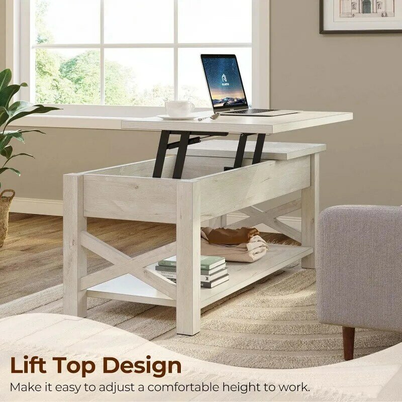 Meja kopi 47.2 ", 2 cara angkat meja kopi dengan kompartemen tersembunyi, mengangkat meja kopi dengan rak terbuka & X kayu