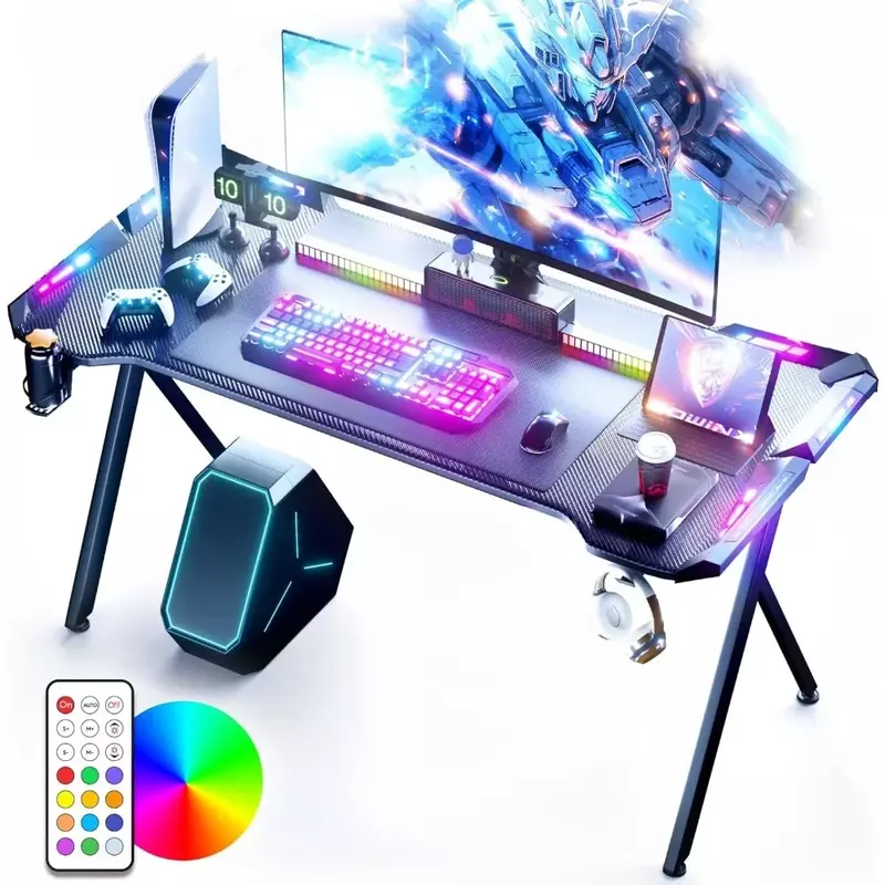 Mesa de juegos RGB con superficie de fibra de carbono, escritorio LED para el hogar con control remoto, estación de trabajo para PC