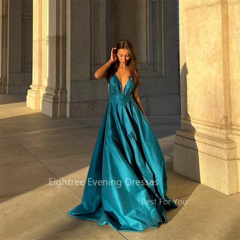 Eightree Elegant Modern Evening Dresses A Line Spaghetti strap Backless V neck Prom Dress Pleats Party Gowns vestidos para mujer
