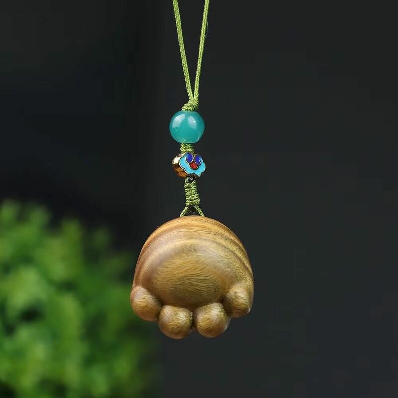 Natural Green Sandalwood Mobile Phone Pendant Meat Doodle Small Meat Ball Short Carved Kitten Claw Car Bag Key Chain Handlehold