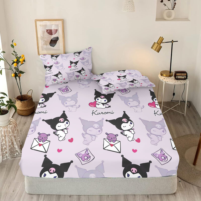 Sanrio Kurome Fitted Sheet Children 100% Polyester Coverage Sheets Cartoon Cover Elastic Cute Digital Printing Bedding Teenager