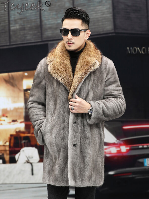Tcyeek jaket bulu cerpelai pria, pakaian bulu cerpelai alami hangat, mantel bulu asli setengah panjang modis musim dingin untuk lelaki