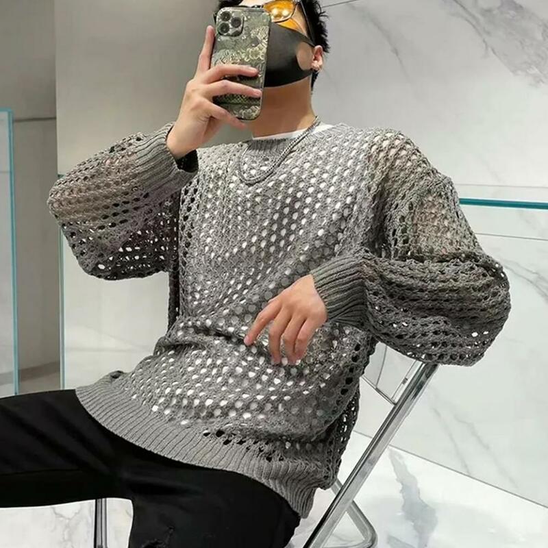 Men Spring Fall Top Fishnet Hollow Out Loose Pullover Knitted Elastic Soft Sweater Men Clubwear Hip Hop Streetwear Pullover Top