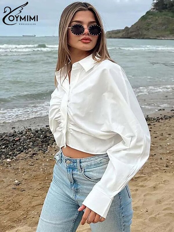 Oymimi Casual White Lapel Women's Shirt Summer Long Sleeve Single Breasted Shirts Fashion Solid Ruched Crop Blouses Streetwear