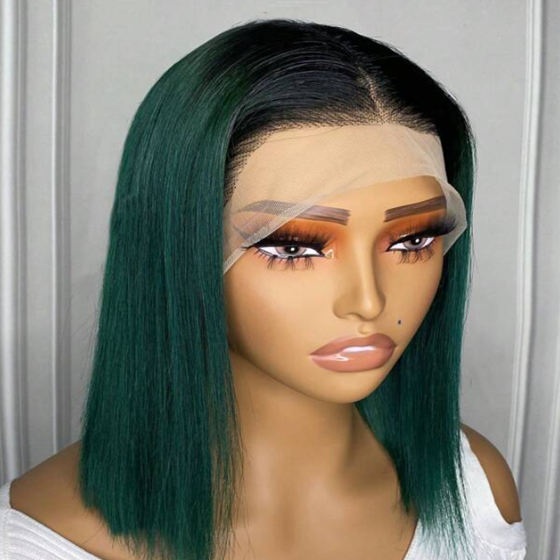 Soft Short Bob Ombre Green Straight 180Density Lace Front Wig For Black Women Babyhair Preplucked Heat Resistant Glueless