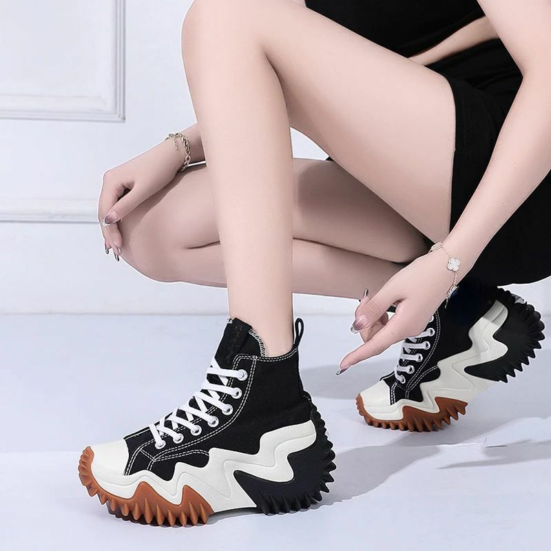 Sepatu kets Platform sepatu olahraga wanita, sepatu bot vulkanisir kanvas, sepatu Sneakers Platform bertali sol tebal untuk wanita