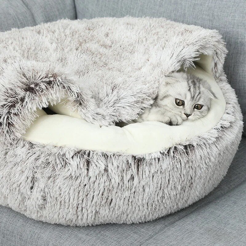 Tempat Tidur Kucing Peliharaan Mewah Bantal Kucing Bulat Rumah Kucing 2 In 1 Keranjang Kucing Hangat Tas Tidur Hewan Peliharaan Kandang Sarang Kucing untuk Anjing Kecil Tempat Tidur Anjing Kucing