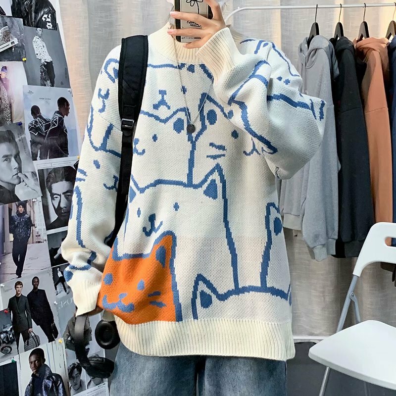 W japońskim stylu Harajuku Vintage sweter męski jesienno-zimowy kreskówka luźny, dzianinowy sweter hiphopowy sweter z dzianiny swetry