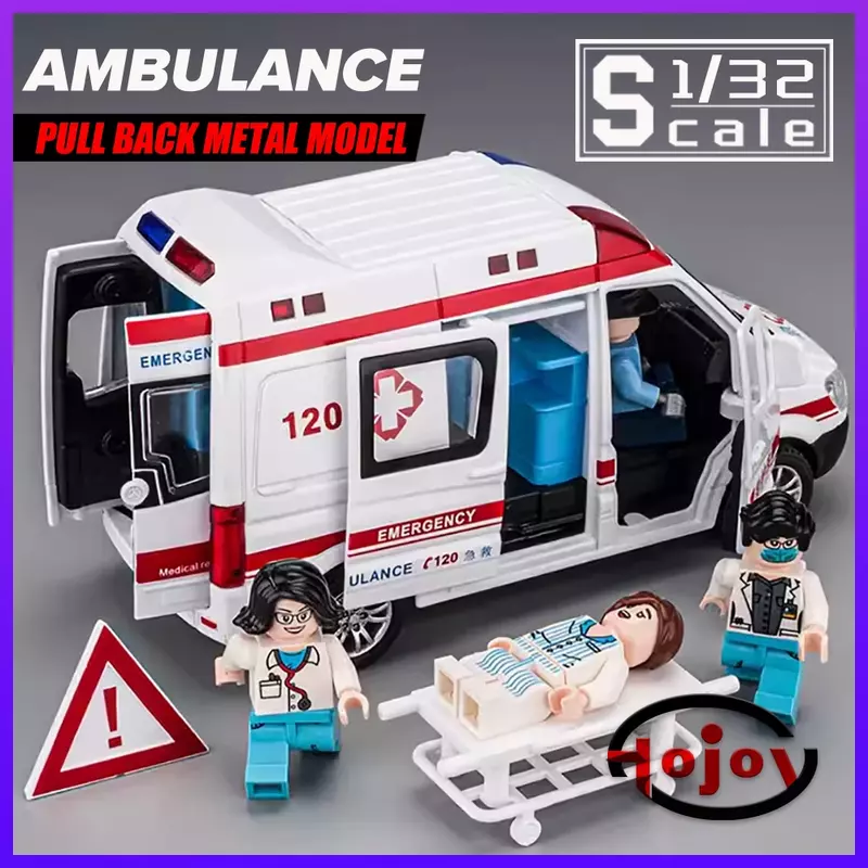 Coches de juguete de Metal para niños, escala 1/32, aleación fundida a presión, modelo de coche de ambulancia, vehículos de juguete para niños, sonido y luz, tirar hacia atrás