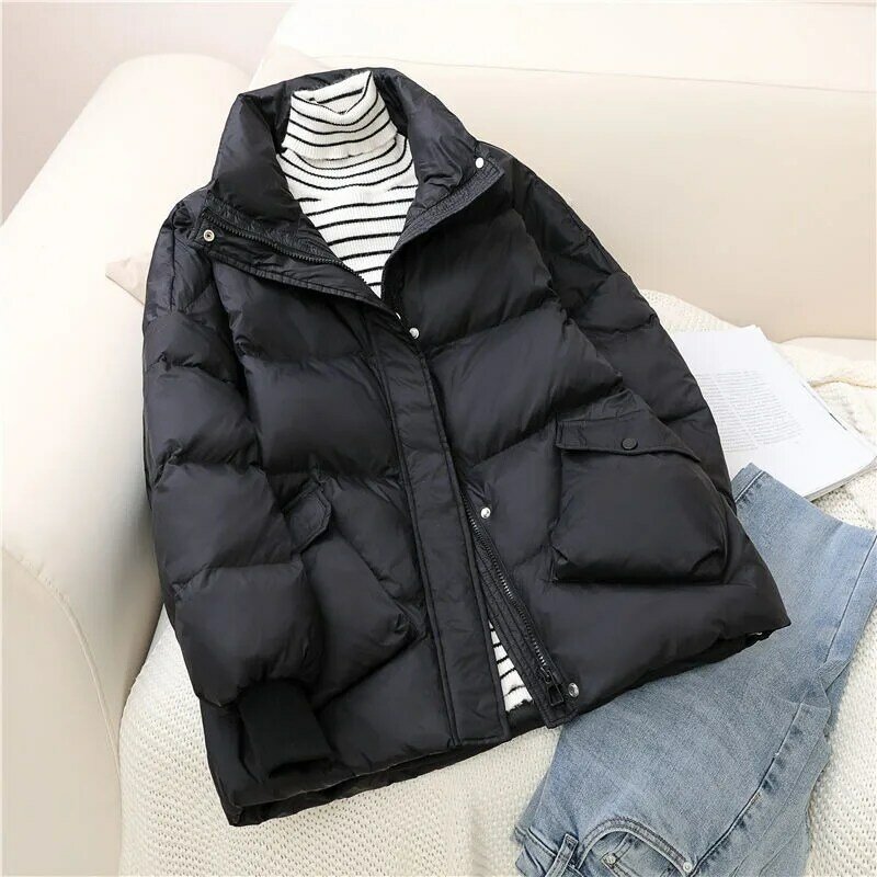 2023 New Women Down Jacket Winter Coat Female Short Stand Collar Parka Warm Thicken Pure Color Outwear Loose Big Pocket Overcoat