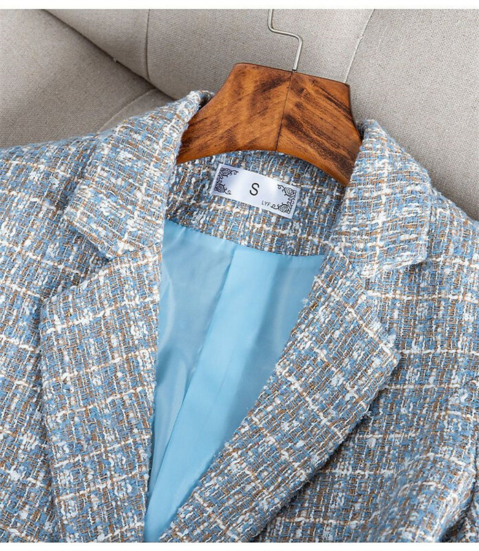 Женское двубортное пальто, твидовое шерстяное пальто в клетку, повседневные плотные блейзеры, верхняя одежда, Размер 3XL, весна-осень 2023
