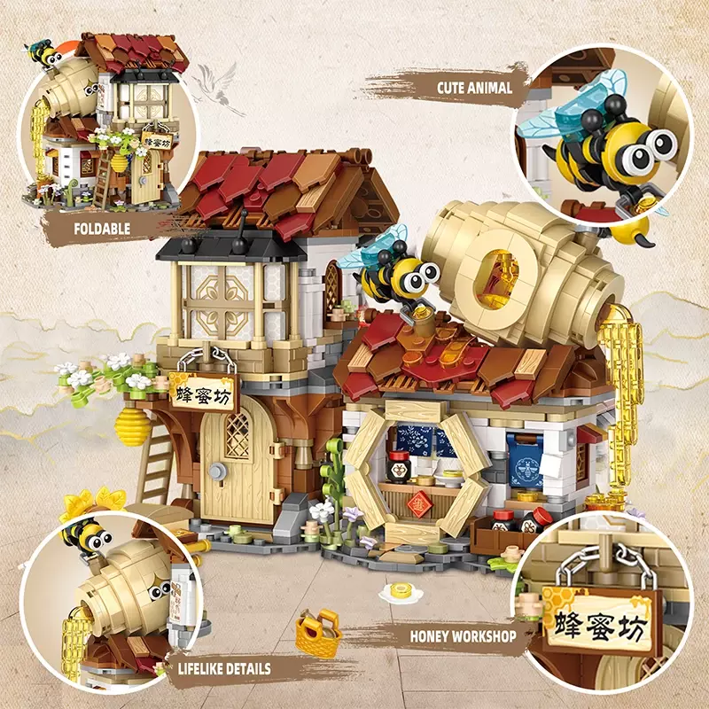 Nieuwe Creatieve Mini Streetview Bee Shop Bouwsteen Diy Chinese Opvouwbare Streetview Varkenswinkel Puzzel Speelgoed Voor Kinderen Cadeau