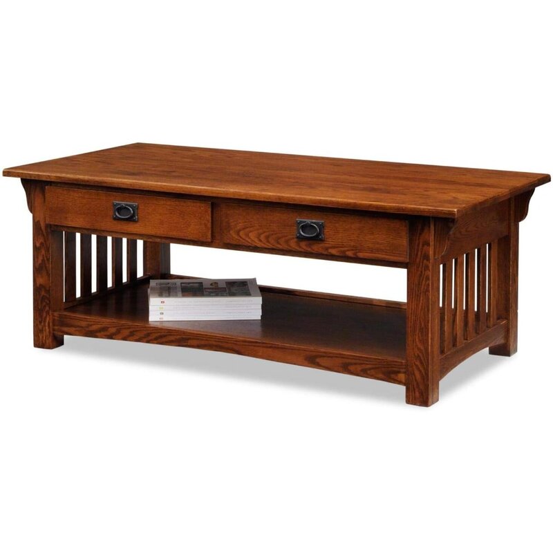 Безупречный кофейный столик для гостиной, два ящика и полка, выполненный из твердой древесины, отделка средним дубом, 8204 миссия