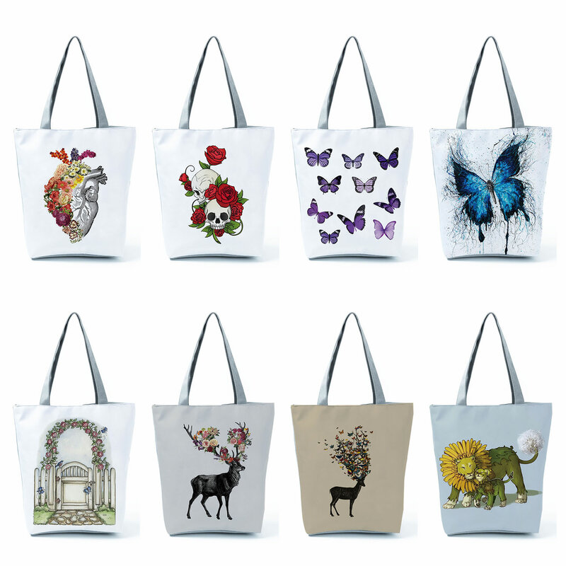 Z kwiatowym wzorem długa pojemność składana torba na zakupy nadrukowany motyl kreskówkowe torebki wielokrotnego użytku damskie torby na ramię torba na plażę podróżne