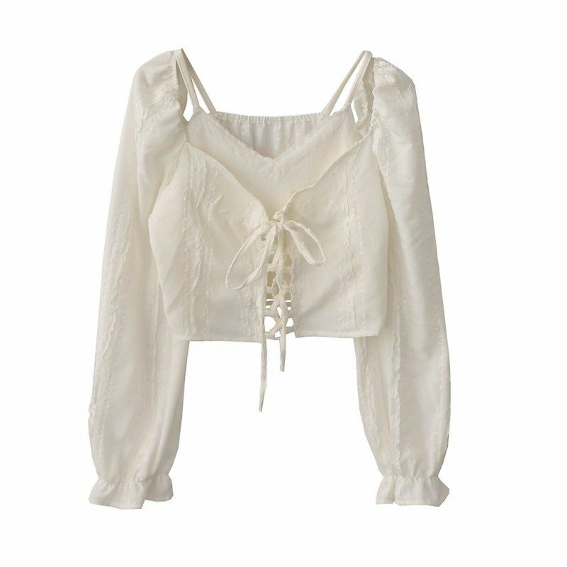 Camisas femininas de duas peças falsas com decote em v estilo francês, blusa glamourosa curta fina de cintura alta feminina, tops de primavera, nova