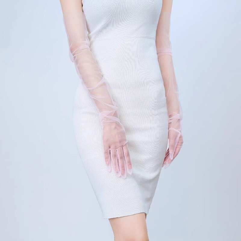 Luvas para Dirigir Protetor Solar Transparente Feminino, vestido ultra fino, tule puro, luvas longas femininas, 70cm
