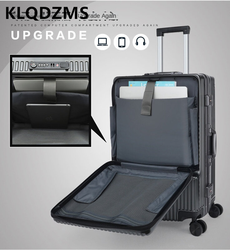 Klqdzms-USB充電インターフェース付きアルミフレームスーツケース、ローリング荷物、フロント開口部ケース、ボードボックス、20 "、22" 、24 "、26"