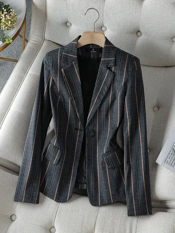여성용 스트라이프 블레이저 긴팔 단추 슬림 코트 재킷, 블랙 그레이, 우아한 비즈니스 작업복 의류, 4XL