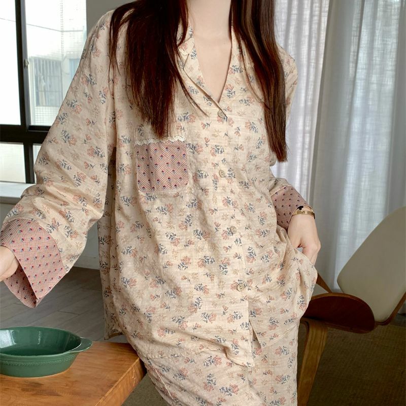 Conjunto de pijama floral manga longa feminina, roupa de dormir, cardigã, casual, doce, estudante, terno caseiro, estilo coreano, primavera, outono, novo, 2022