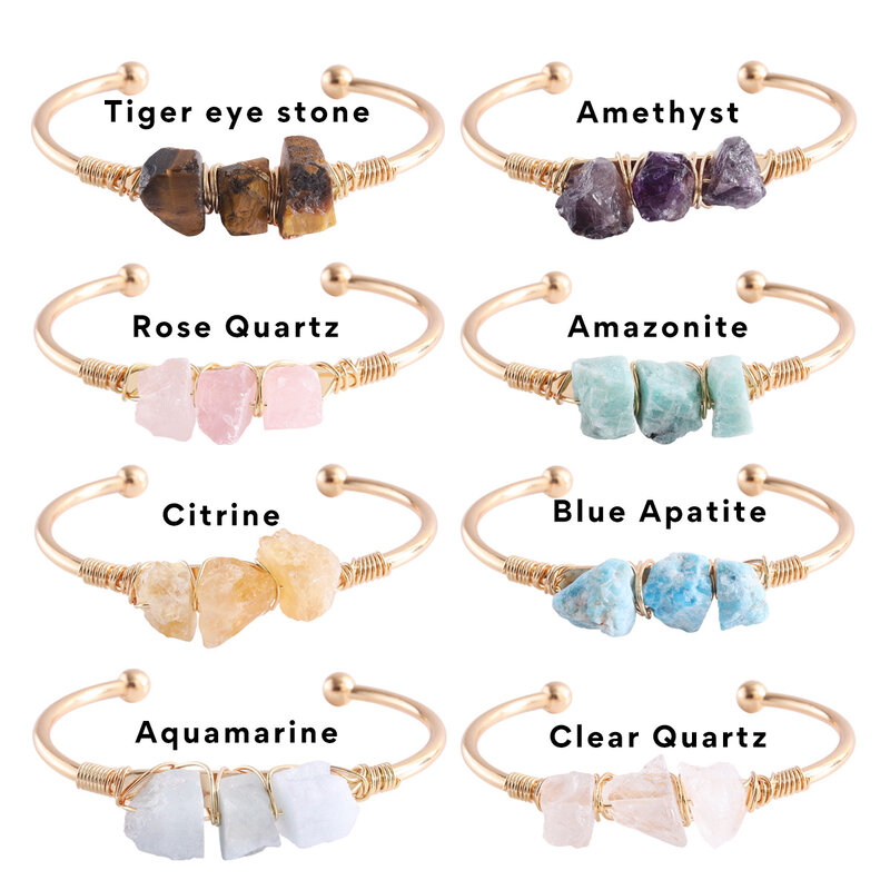 Natural Stone Open Cuff Bangles Healing Crystal Brass Wire Wrap Amethysts Amazonite Bead Bracelets Neckalce Women Jewelry set