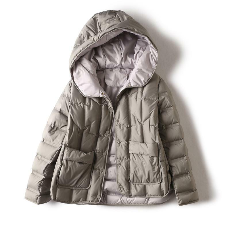 Jaket hangat wanita, jaket hangat warna polos bertudung ringan gaya Korea bebek putih 2024 musim gugur dan musim dingin 90%