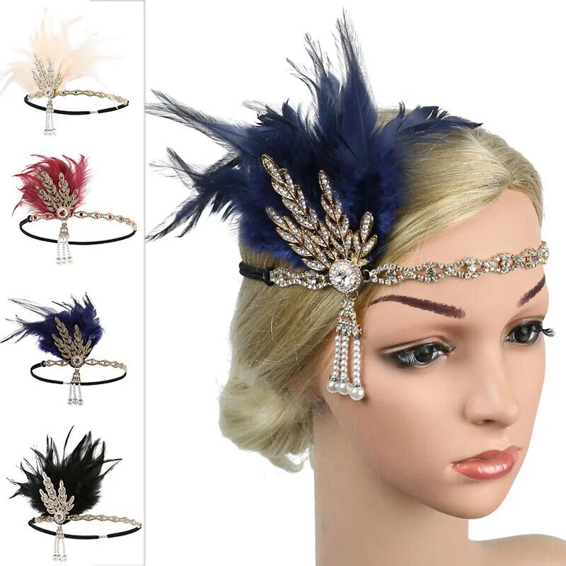 Mulheres Hairband Headpiece Pena Flapper Headband Headdress Traje Vintage Partido Rhinestone Pena Hairband Cabelo Acessórios