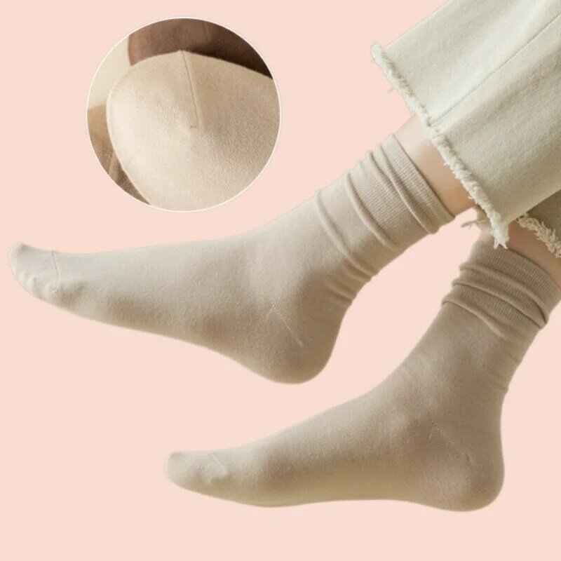 ชุดถุงเท้าผ้าฝ้ายถักยาวปานกลาง5/10คู่ถุงเท้าลำลองสีพื้นนุ่มระบายอากาศได้ดี