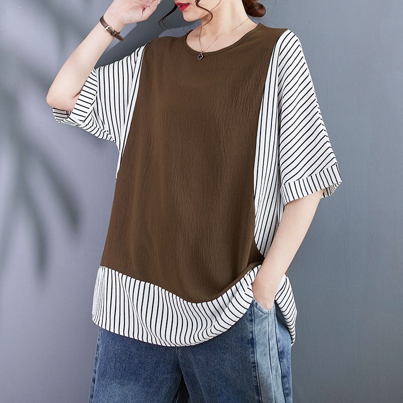2024 Summer Casual Sports Fashion Loose Plus Oversize Round Neck Patchwork Striped Printed Short Sleeved Large T-shirt for Women