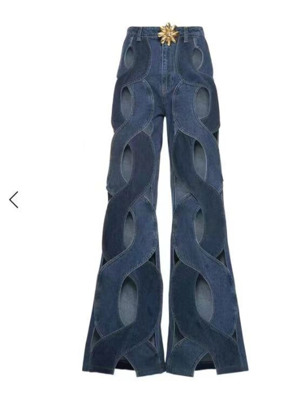 Modne dżinsy z szeroką nogawką spodnie damskie z wycięciem w stylu Streetwear, wydrążone w kratkę, proste, rozkloszowane spodnie dżinsowe 2023 cali